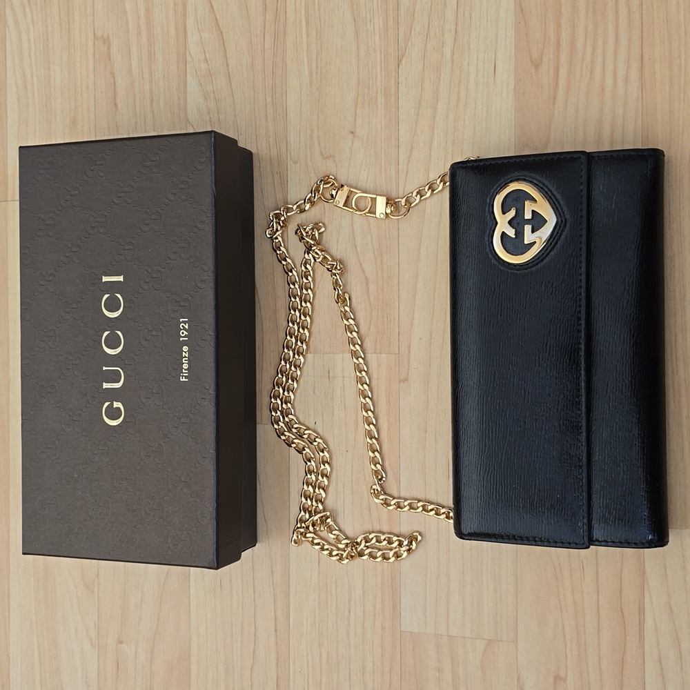 Authentic Gucci Wallet Color Black 17.5"×4" Long Bi-fold Heart Lovely Leather